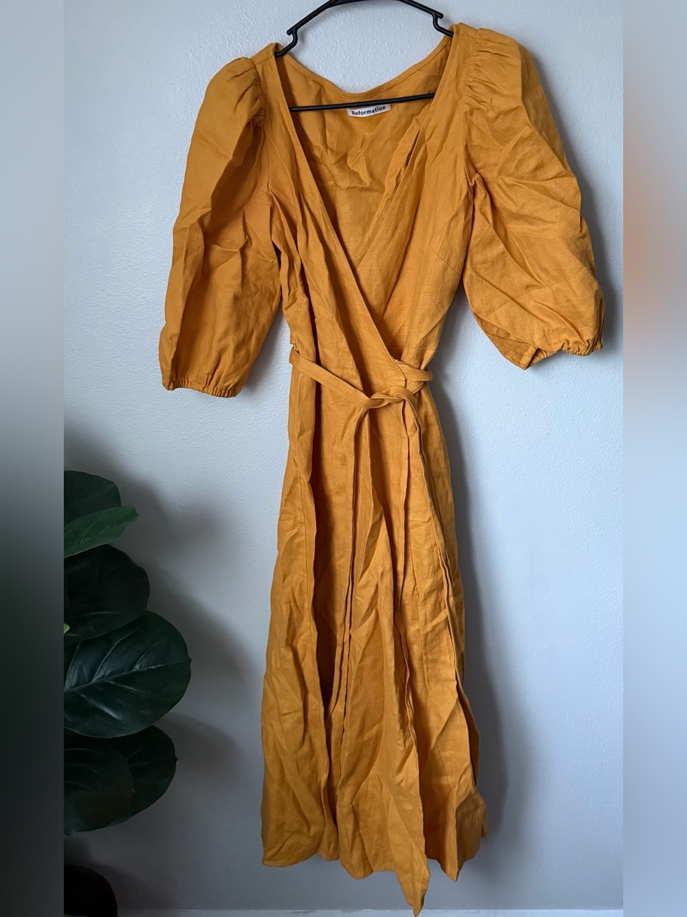 Reformation Linen Wrap Midi Dress Mustard Yellow Puff Sleeve Boho Cottagecore M